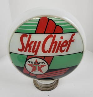 Texaco Sky Chief 13.5" Glass Body Gas Pump Globe: Two lenses each with minor stains and discoloration in a narrow screw base glass body, metal collar has a couple small bends. This lot can be picked up in Tidioute, PA on September 18 - 22 or this lot