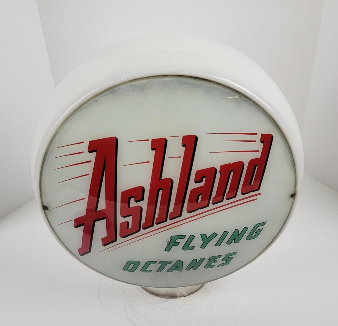 Ashland Flying Octanes 13.5" Glass Body Gas Pump Globe: Single lens with stains and wear, wide glass body has a small base chip. This lot can be picked up in Tidioute, PA on September 18 - 22 or this lot can be taken back to our facility to be shipped.