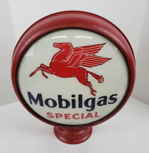 Mobilgas Special 15" Metal Body Gas Pump Globe: Single lens with minor stains in an original high profile metal body, frame is solid but pitted. This lot can be picked up in Tidioute, PA on September 18 - 22 or this lot can be taken back to our fac
