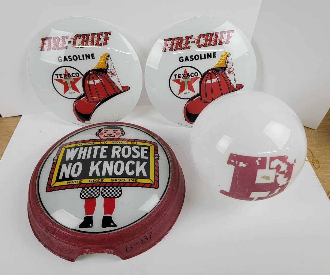 Group of Reproduction Globes and Lenses: Fire Chief pair of 15" lenses, White Rose 15" single lens in cut apart metal frame, lamp shade with "H" cold painted. This Lot must be picked up in Tidioute, PA on September 18 - 22.