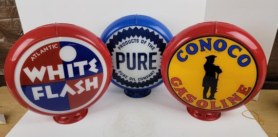 Conoco, White Flash, and Pure Reproduction Gas Pump Globes