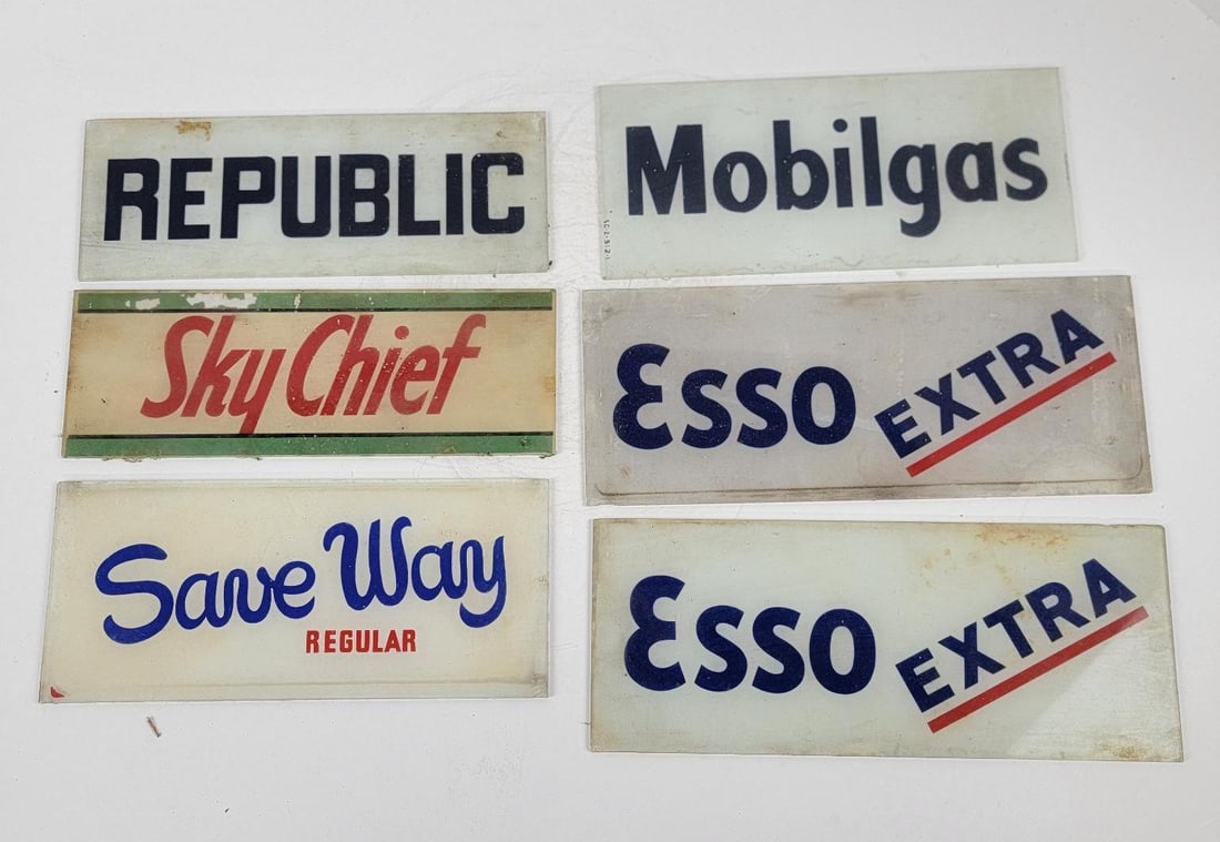 Group of Gas Pump Ad Glass: Six pieces, various conditions and sizes. This Lot must be picked up in Tidioute, PA on September 18 - 22.