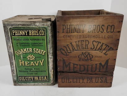Phinny Bros Quaker State Five Gallon Oil Can with Crate: Each side of the can shows some scratches and wear, wood crate shows stains and wear from age. This lot can be picked up in Tidioute, PA on September 18 - 22 or this lot can be taken back to our facil