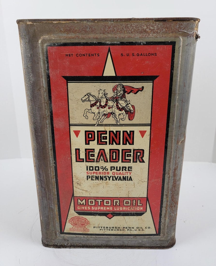 Penn Leader Motor Oil Five Gallon Can: Display panel shows minor surface rust and wear, other sides have heavier wear, great detailed graphics. This lot can be picked up in Tidioute, PA on September 18 - 22 or this lot can be taken back to