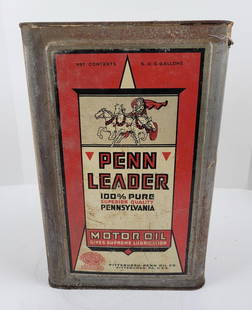 Penn Leader Motor Oil Five Gallon Can: Display panel shows minor surface rust and wear, other sides have heavier wear, great detailed graphics. This lot can be picked up in Tidioute, PA on September 18 - 22 or this lot can be taken back