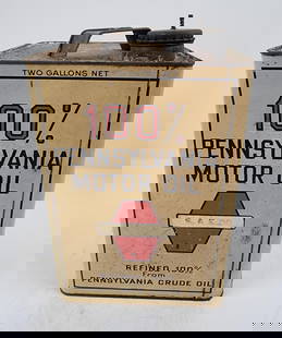 100% Pennsylvania Motor Oil Two Gallon Can: Unusual square two gallon can, shows some overall surface wear and stains with one lower corner dent. This lot can be picked up in Tidioute, PA on September 18 - 22 or this lot can be taken back to ou