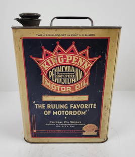 King Penn Motor Oil Two Gallon Can: Earlier rounded corner style of two gallon, shows some overall surface wear and scratching. This lot can be picked up in Tidioute, PA on September 18 - 22 or this lot can be taken back to our facility