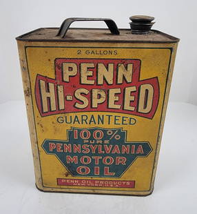 Penn Hi-Speed Motor Oil Two Gallon Can: Shows overall surface wear and age, one side panel has paint loss along lower edge. This lot can be picked up in Tidioute, PA on September 18 - 22 or this lot can be taken back to our facility to be s
