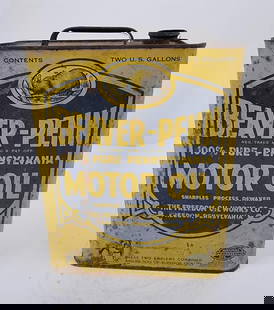 Beaver Penn Motor Oil Two Gallon Can: Shows surface rust and wear throughout, one top edge is dented. This lot can be picked up in Tidioute, PA on September 18 - 22 or this lot can be taken back to our facility to be shipped.