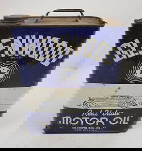 Glenwood Motor Oil Two Gallon Can: Has some surface rust spotts and other fine scratches throughout. This lot can be picked up in Tidioute, PA on September 18 - 22 or this lot can be taken back to our facility to be shipped.