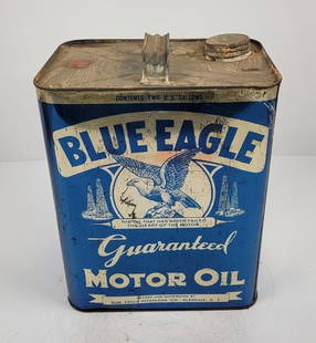 Blue Eagle Motor Oil Two Gallon Can: Some areas of surface wear and fine scratching throughout the can. This lot can be picked up in Tidioute, PA on September 18 - 22 or this lot can be taken back to our facility to be shipped.