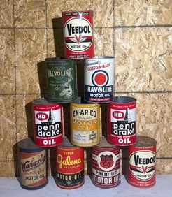 10-Different Five Quart Round Metal Motor Oil Cans