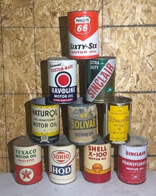 10-Different Five Quart Round Metal Motor Oil Cans