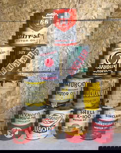 10-Different Five Quart Round Metal Motor Oil Cans: rated 6 to 8, all different condition, all are empty. This Lot must be picked up in Tidioute, PA on September 18 - 22.