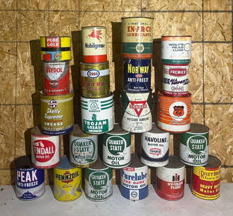 23-One Gallon Motor Oil & 10lb Grease Cans: rated 6 to 9, all different conditions, about half are full. This Lot must be picked up in Tidioute, PA on September 18 - 22.
