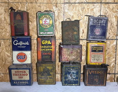 12-One Gallon Flat Metal Cans Motor Oil & Anti-Freeze: rated 5 to 7, all different condition, all are empty. This Lot must be picked up in Tidioute, PA on September 18 - 22.