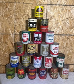 21-Different One Quart Round Metal Motor Oil Cans