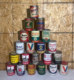 21-Different One Quart Round Metal Motor Oil Cans