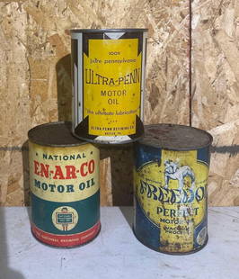 3-One Quart Round Metal Cans Ultra-Penn, Freedom & En-Ar-Co: rated 6 to 8, condition are all different, En-Ar-Co is full. This lot can be picked up in Tidioute, PA on September 18 - 22 or this lot can be taken back to our facility to be shipped.