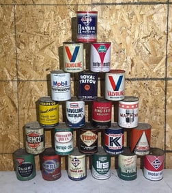 21-Different One Quart Round Metal Motor Oil Cans
