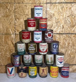 21-Different One Quart Round Metal Motor Oil Cans