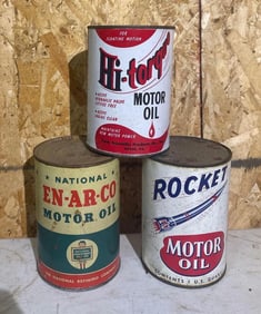 3-One Quart Metal Motor Oil Cans, Rocket, Hi-Torquo ^ En-Ar-Co