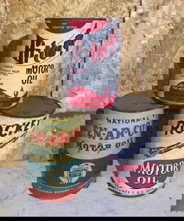 3-One Quart Metal Motor Oil Cans, Rocket, Hi-Torquo ^ En-Ar-Co: rated 7 to 8.75, some wear, all are full. This lot can be picked up in Tidioute, PA on September 18 - 22 or this lot can be taken back to our facility to be shipped.
