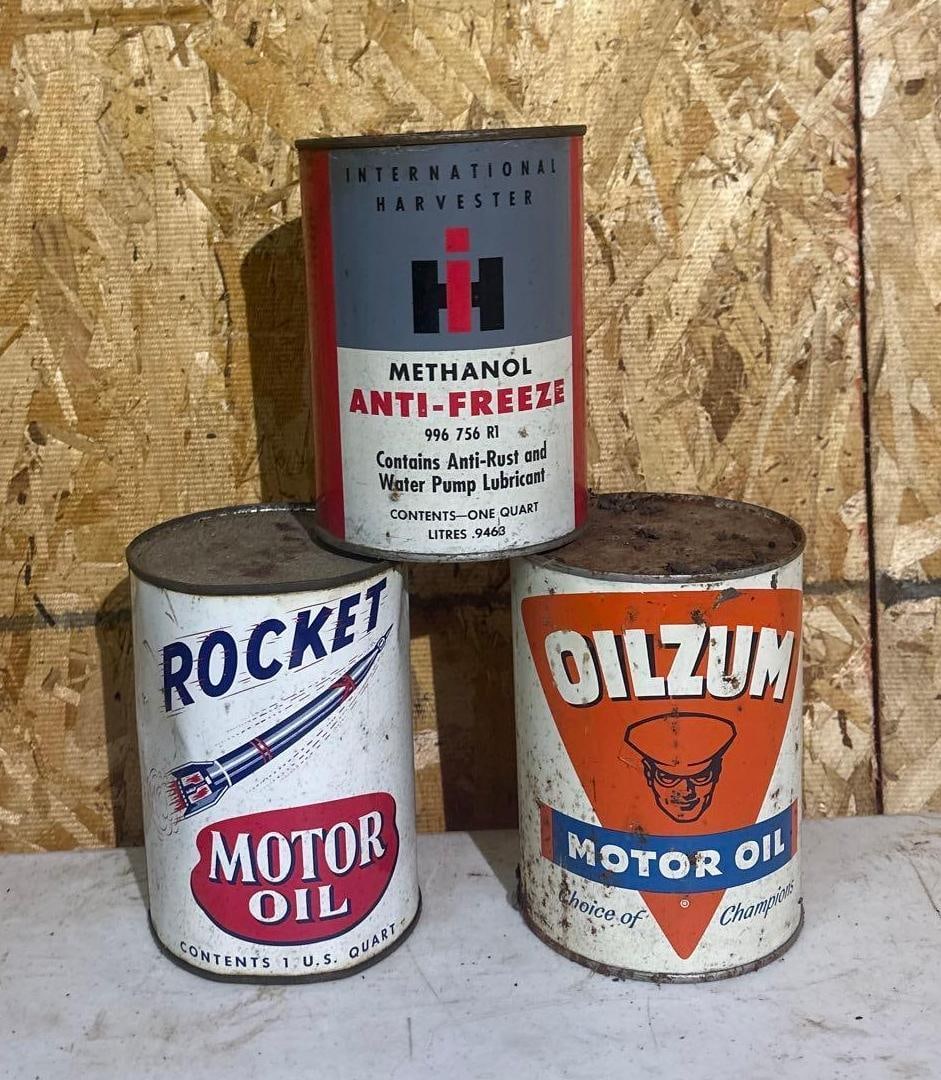 3-One Quart Round Metal Cans IH, Rocket & Oilzum: rated 7 to 8, light wear and fine scratches, all are full. This lot can be picked up in Tidioute, PA on September 18 - 22 or this lot can be taken back to our facility to be shipped.