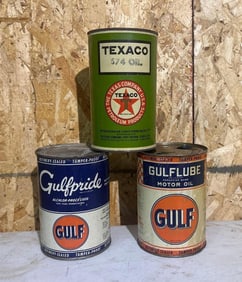 3-One Quart Round Metal Motor Oil Cans, 2-Gulf & Texaco 574