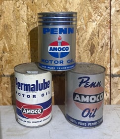3-Different Amoco One Quart Round Metal Cans
