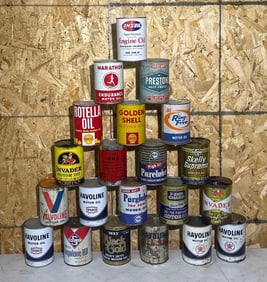 21-Different One Quart Round Metal Motor Oil Cans