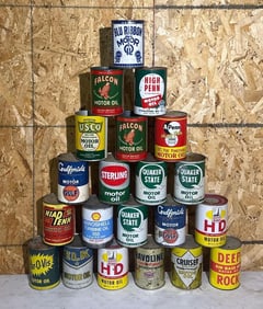 21-Different One Quart Round Metal Motor Oil Cans