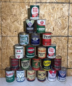 21-Different One Quart Round Metal Motor Oil Cans