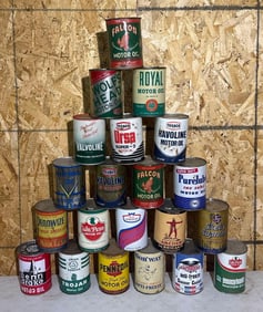 21-Different One Quart Round Metal Motor Oil Cans