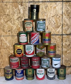 21-Different One Quart Round Metal Motor Oil Cans