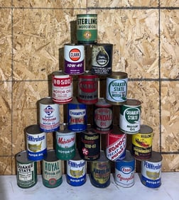 21-Different One Quart Round Metal Motor Oil Cans
