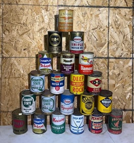 21-Different One Quart Round Metal Motor Oil Cans