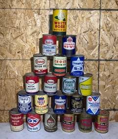 21-Different One Quart Round Metal Motor Oil Cans
