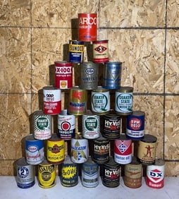 28-Different One Quart Round Metal Motor Oil Cans