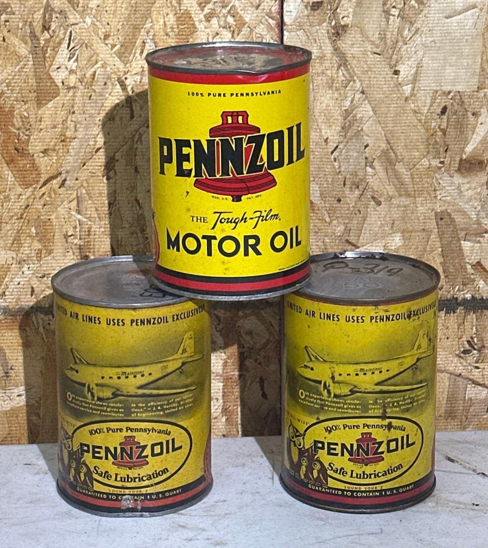 3-Pennzoil One Quart Round Metal Cans 2 w/DC-3 (1 of 4)