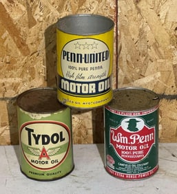 Wm Penn, Tydol & Penn-Wear Motor Oil One Quart Round Metal Cans