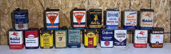 17-One Quart Flat Metal Motor Oil Cans, Most are Outboard