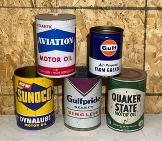 4-Five Quart Round Metal Motor Oil Cans