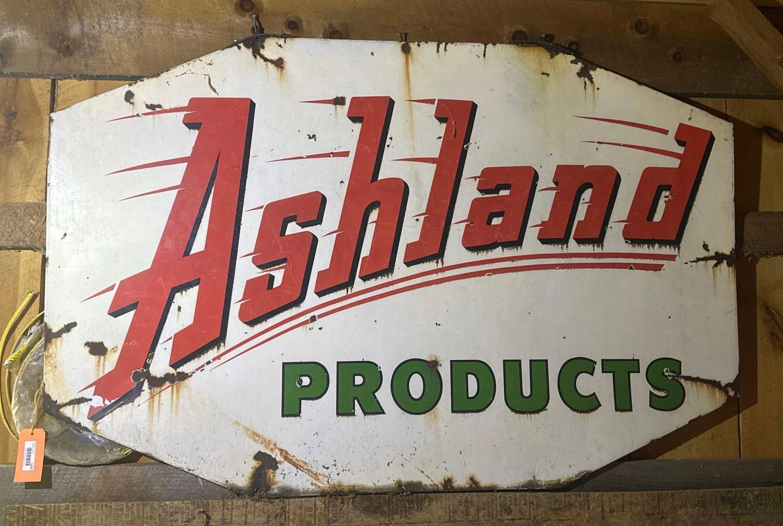 Ashland Products Porcelain Station Sign: 46” x 70”, Single Sided Porcelain, shows wear and chips. This Lot must be picked up in Tidioute, PA on September 18 - 22.