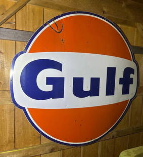 Gulf (Oil) “Dog Ear?? Porcelain Station Sign: rated 8.75, 79&rdquo; x 73&rdquo;, Single Sided Porcelain Sign, has good color and gloss, has some chips. This Lot must be picked up in Tidioute, PA on September 18 - 22.