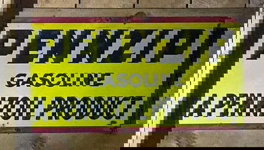 Pennzip Porcelain Sign: rated 7.5, 26&rdquo; x 46&rdquo;, Single Sided Embossed Porcelain Sign, nice color and gloss. This Lot must be picked up in Tidioute, PA on September 18 - 22.