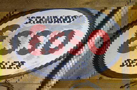 Standard Esso Porcelain Station Sign: rated 7.5, 39&rdquo; x 60&rdquo;, Double Sided Porcelain Sign, in the original ring, shows large areas of touch up. This Lot must be picked up in Tidioute, PA on September 18 - 22.