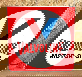 Valvoline Motor Oil Metal Sign: rated 9 &amp; 8.5, 30&#34;x30&#34; the DST sign has rolled top edge, has good color and shine, display is clean, reverse has a few fine scratches. This lot can be picked up in Tidioute, PA on Septembe