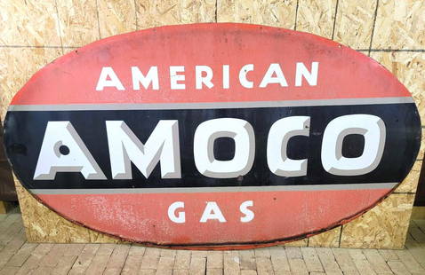 Large Amoco Porcelain Identification Sign: rated 6.5, 54&#34;x95&#34;, the DSP oval sign has heavy wear and fading on both sides. This Lot must be picked up in Tidioute, PA on September 18 - 22.