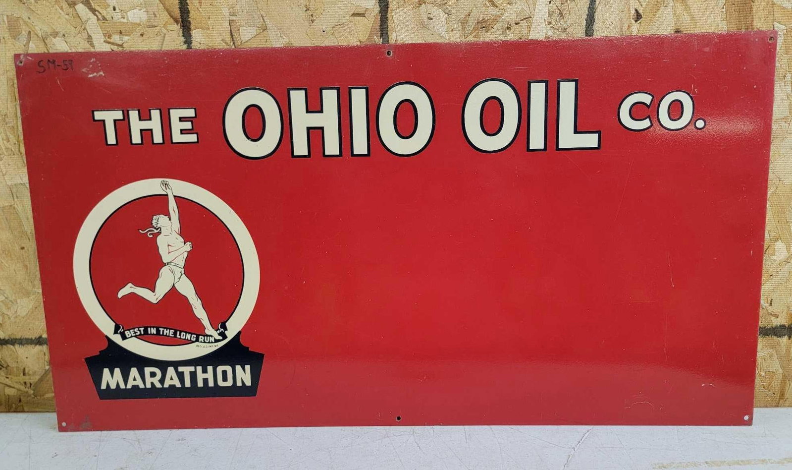 The Ohio Oil Co. w/Marathon Logo Metal Sign: rated 8.9, 16"x30", the SST sign has excellent color and shine, light wear, has ink writing in the upper left-hand corner, wear around the perimeter. This lot can be picked up in Tidioute, PA 